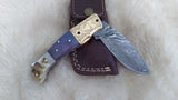 "BLUE NOVA" DAMASCUS CAMEL/RAM HORN POCKET KNIFE W/SHEATH