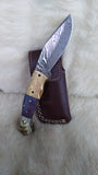 "BLUE NOVA" DAMASCUS CAMEL/RAM HORN POCKET KNIFE W/SHEATH