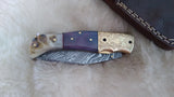 "BLUE NOVA" DAMASCUS CAMEL/RAM HORN POCKET KNIFE W/SHEATH