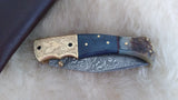 "BLUE NOVA" DAMASCUS CAMEL/RAM HORN POCKET KNIFE W/SHEATH