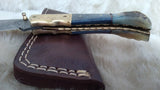 "BLUE NOVA" DAMASCUS CAMEL/RAM HORN POCKET KNIFE W/SHEATH
