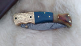 "BLUE BAYOU" DAMASCUS CAMEL/RAM HORN POCKET KNIFE W/SHEATH