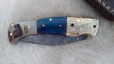 "BLUE BAYOU" DAMASCUS CAMEL/RAM HORN POCKET KNIFE W/SHEATH