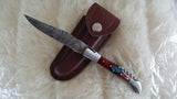 "THE CONNOISSEUR" DAMASCUS POCKET KNIFE W/CORK SCREW AND LEATHER SHEATH