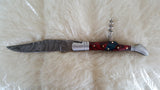 "THE CONNOISSEUR" DAMASCUS POCKET KNIFE W/CORK SCREW AND LEATHER SHEATH