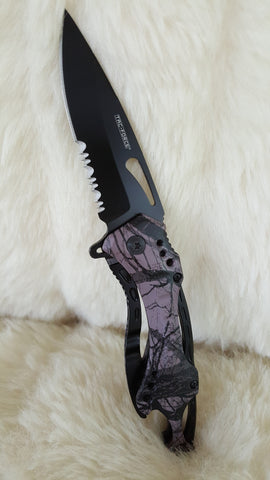 PURPLE CAMO SPRING ASSIST POCKET KNIFE W/CAN OPENER