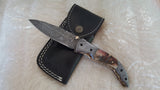 "RAM HORN" DAMASCUS STEEL POCKET KNIFE W/LEATHER SHEATH-FREE SHIPPING