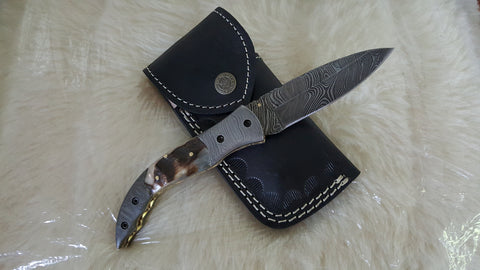 "RAM HORN" DAMASCUS STEEL POCKET KNIFE W/LEATHER SHEATH-FREE SHIPPING