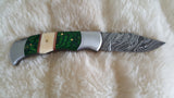 "ON THE GREEN" HAND FORGED DAMASCUS STEEL POCKET KNIFE W/LEATHER SHEATH