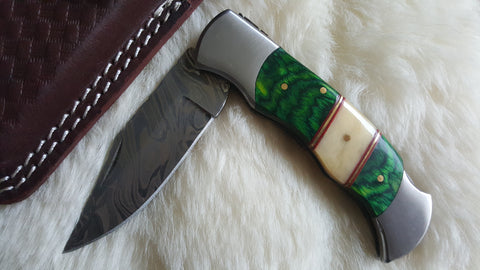 "ON THE GREEN" HAND FORGED DAMASCUS STEEL POCKET KNIFE W/LEATHER SHEATH