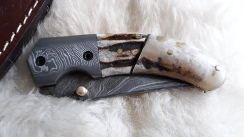 "STAGNATOR" DAMASCUS DEER STAG/SHEEP HORN POCKET KNIFE W/SHEATH