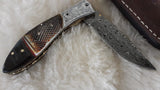 "EL ROYALE" DAMASCUS CAMEL/SHEEP HORN POCKET KNIFE W/SHEATH