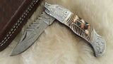 "GRIZZLY" DAMASCUS/ENGRAVED CAMEL BONE POCKET FOLDER W/SHEATH