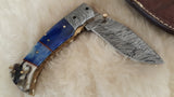 "MIDNIGHT BLUE" DAMASCUS CAMEL BONE/SHEEP HORN POCKET KNIFE