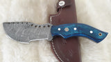 CUSTOM DAMASCUS "BLUE THUNDER" HARD WOOD TRACKER KNIFE W/SHEATH