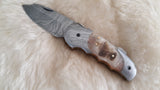 "LITTLE BRAVE" DAMASCUS/RAM HORN POCKET KNIFE W/LEATHER SHEATH