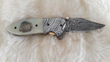 "LIONHEART" DAMASCUS SCRIMSHAW CAMEL BONE FOLDER W/SHEATH