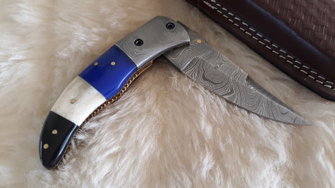 "MATADOR" DAMASCUS CAMEL BONE POCKET KNIFE W/SHEATH