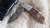 "WORKHORSE" DAMASCUS/CAMEL/RAM HORN POCKET KNIFE