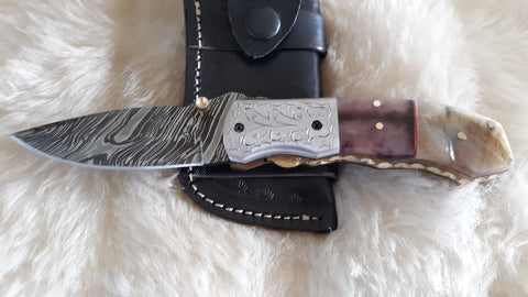 "WORKHORSE" DAMASCUS/CAMEL/RAM HORN POCKET KNIFE