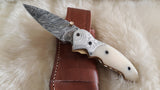 "BLONDIE" DAMASCUS/CAMEL POCKET KNIFE W/CROSS DRAW SHEATH