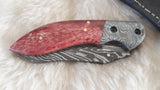 "RED HOT" DAMASCUS/CAMEL BONE POCKET KNIFE W/SHEATH
