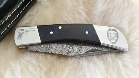 "POLICE UNDERCOVER" EDITION HAND MADE DAMASCUS FOLDER W/LEATHER SHEATH