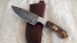 CUSTOM DAMASCUS "SAHARA" BURN CAMEL BONE HUNTING KNIFE