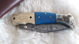 "BLUE BAYOU" DAMASCUS CAMEL/RAM HORN POCKET KNIFE W/SHEATH