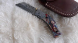 "PAISLEY" DAMASCUS POCKET KNIFE W/SHEATH