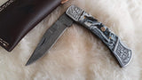 "ROUTE 66" DAMASCUS POCKET KNIFE W/SHEATH