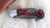 "THIN RED LINE" FIRE FIGHTER HOOK & LADDER DAMASCUS POCKET KNIFE W/SHEATH