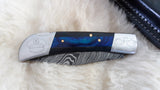 "THIN BLUE LINE" PEACEKEEPER POLICE HAND MADE DAMASCUS FOLDER W/SHEATH