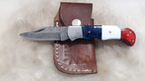 "RED WHITE & BLUE" DAMASCUS POCKET KNIFE W/SHEATH