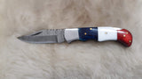 "RED WHITE & BLUE" DAMASCUS POCKET KNIFE W/SHEATH