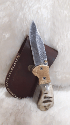 "EAGLE EYE" DAMASCUS SHEEP HORN POCKET KNIFE